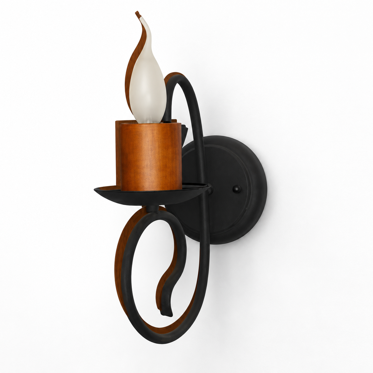 Dark wood scroll candle wall light, switched off on a white studio background.