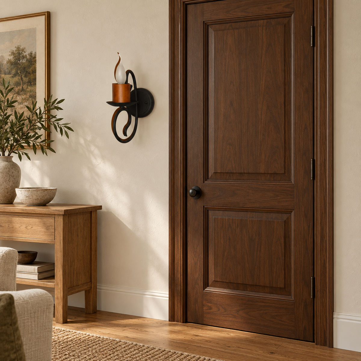 Dark wood scroll candle wall light, switched off in a daylight interior setting.