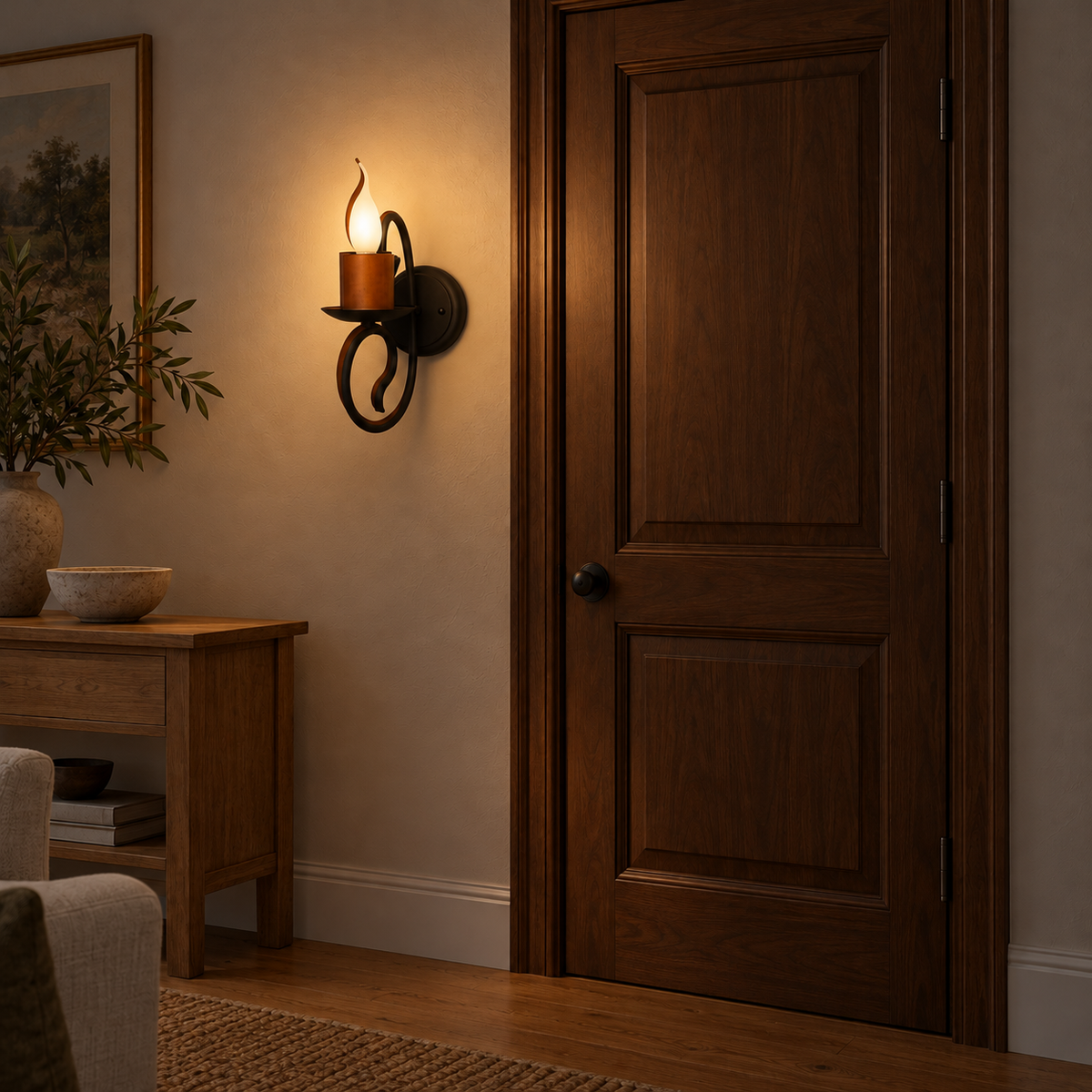 Dark wood scroll candle wall light, illuminated in a nighttime interior setting.