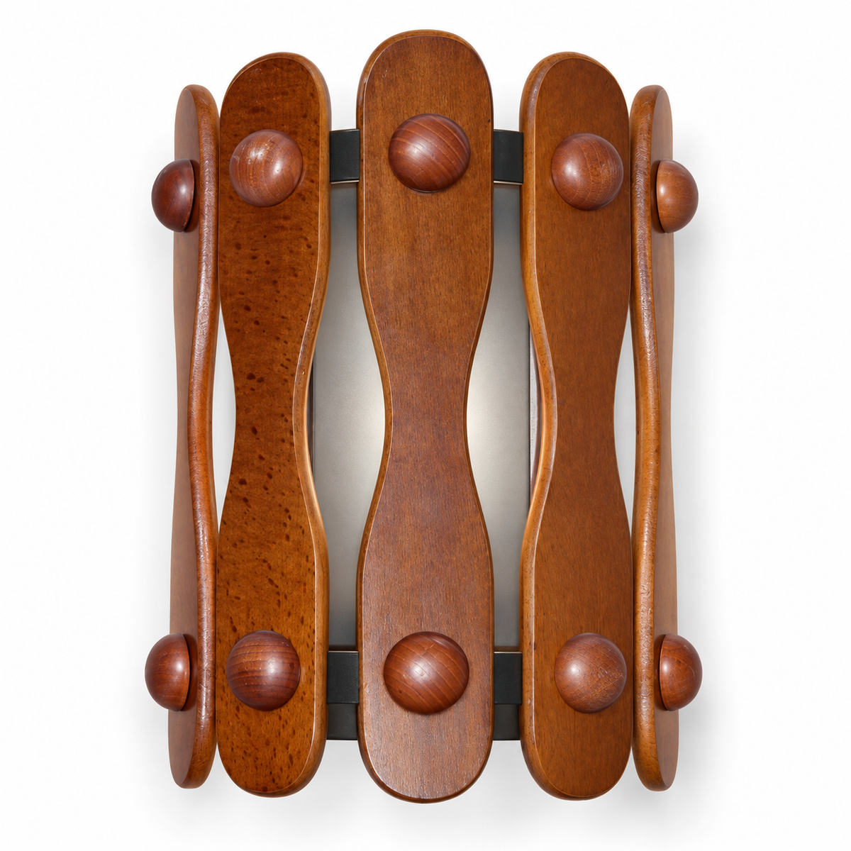 Curved wood paddle wall light, switched off on a white studio background.