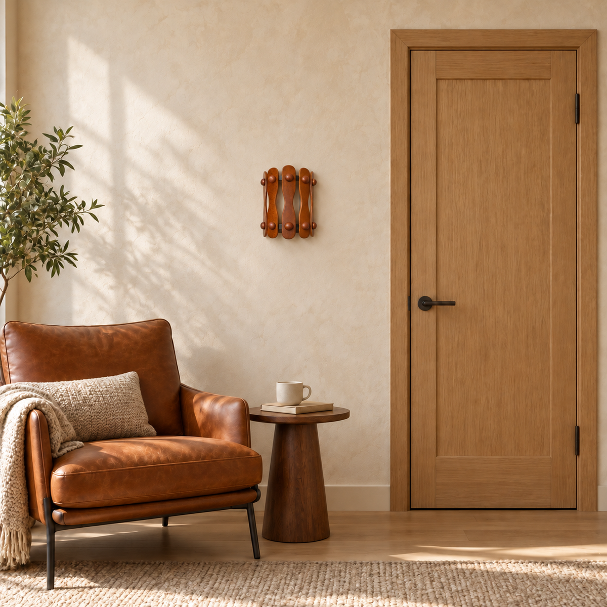 Curved wood paddle wall light, switched off in a daylight interior setting.
