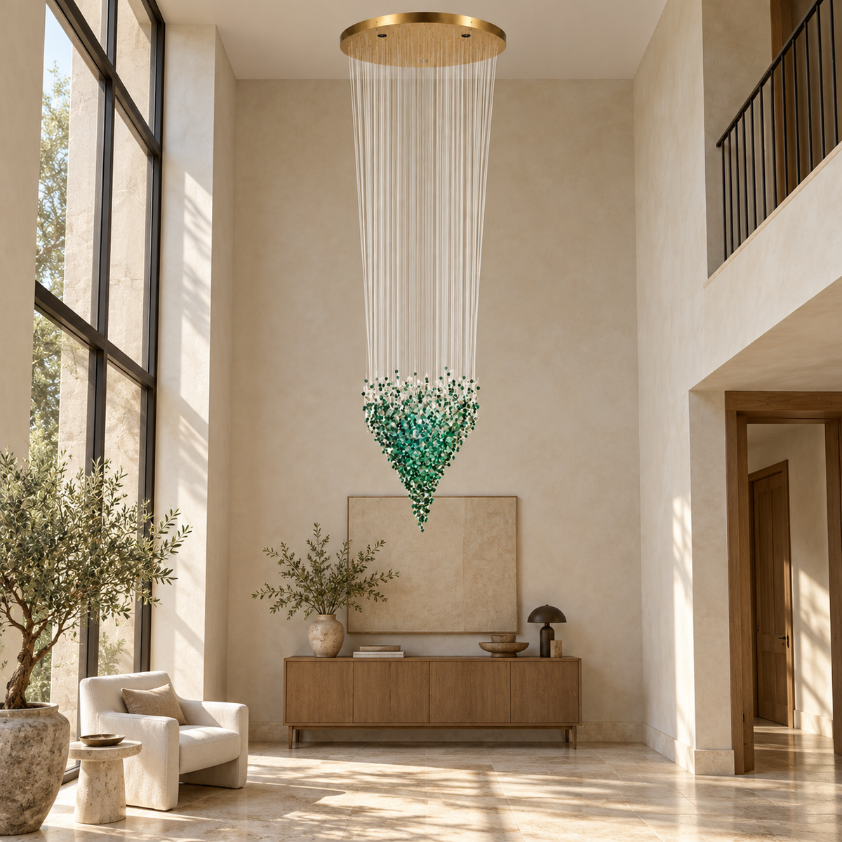 Emerald Stone Cascade Chandelier — daytime interior view