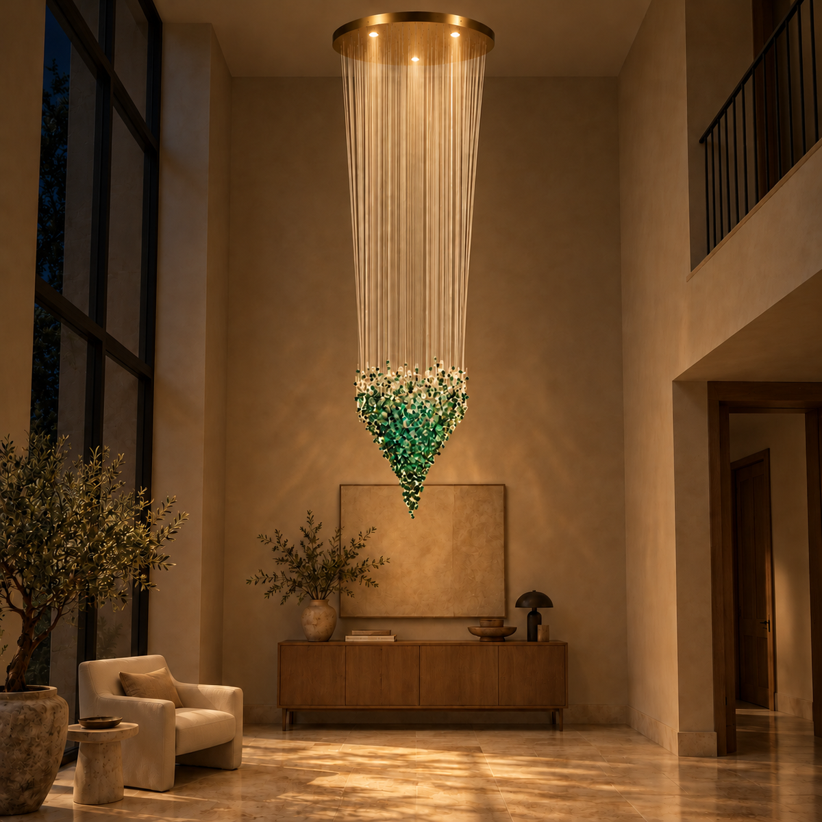 Emerald Stone Cascade Chandelier — illuminated evening view
