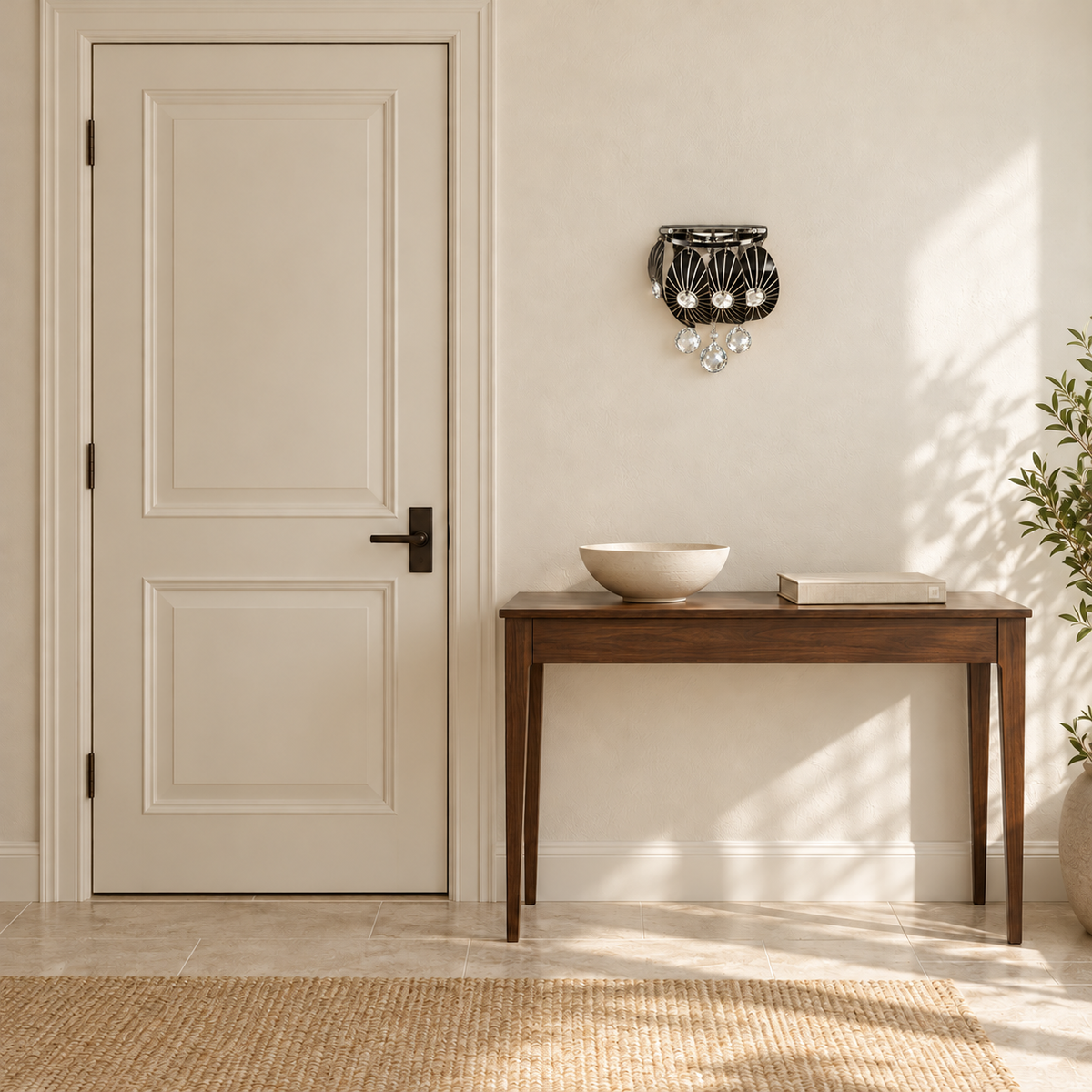 Crystal cascade crown wall light, switched off in a daylight interior setting.