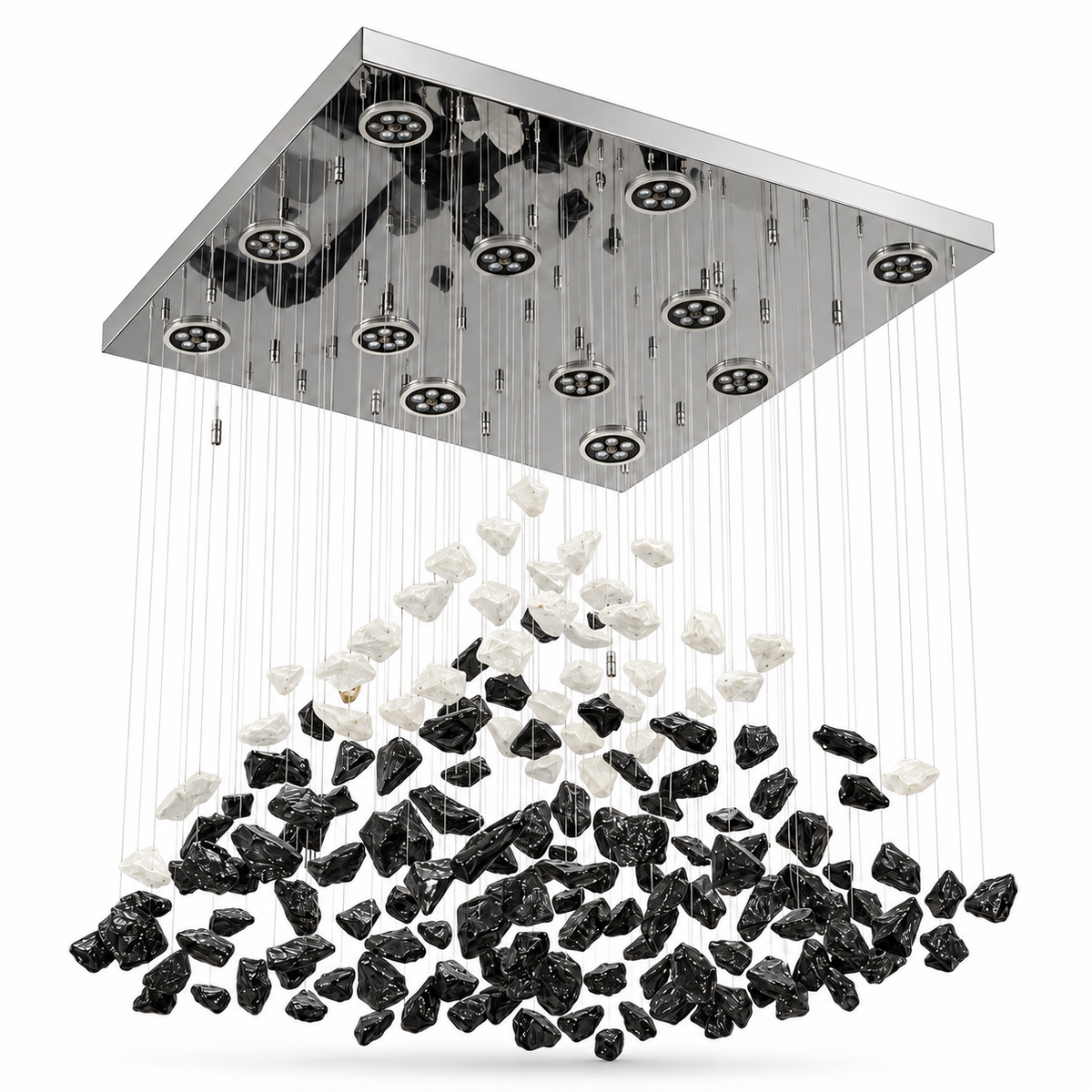 GJ80073 Black and White Glass Cascade Chandelier shown unlit against a studio background.