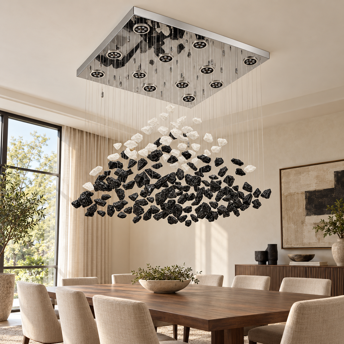 GJ80073 Black and White Glass Cascade Chandelier shown unlit in a daylight interior.