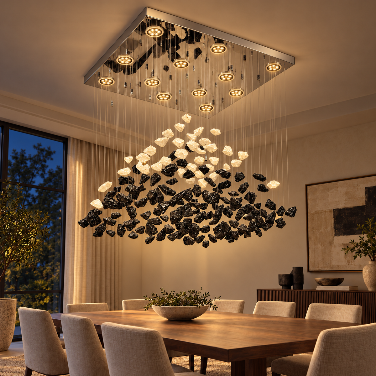 GJ80073 Black and White Glass Cascade Chandelier illuminated in the matching evening interior.