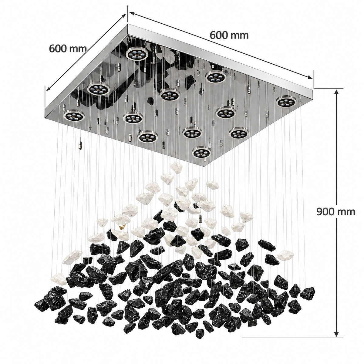 GJ80073 Black and White Glass Cascade Chandelier dimension view. Square ceiling plate length: 600 mm; Square ceiling plate width: 600 mm; Ceiling-to-lowest-glass drop: 900 mm.