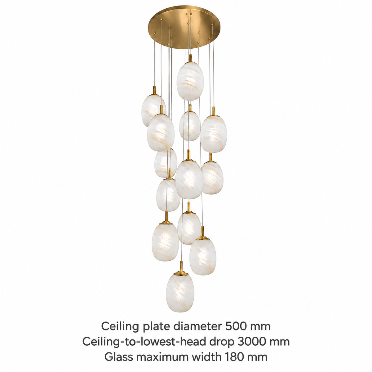 White Glass 13-Pendant Cascade Chandelier with dimension labels showing round ceiling plate diameter 500 mm, ceiling-to-lowest-head drop 3000 mm and white glass shade maximum width 180 mm
