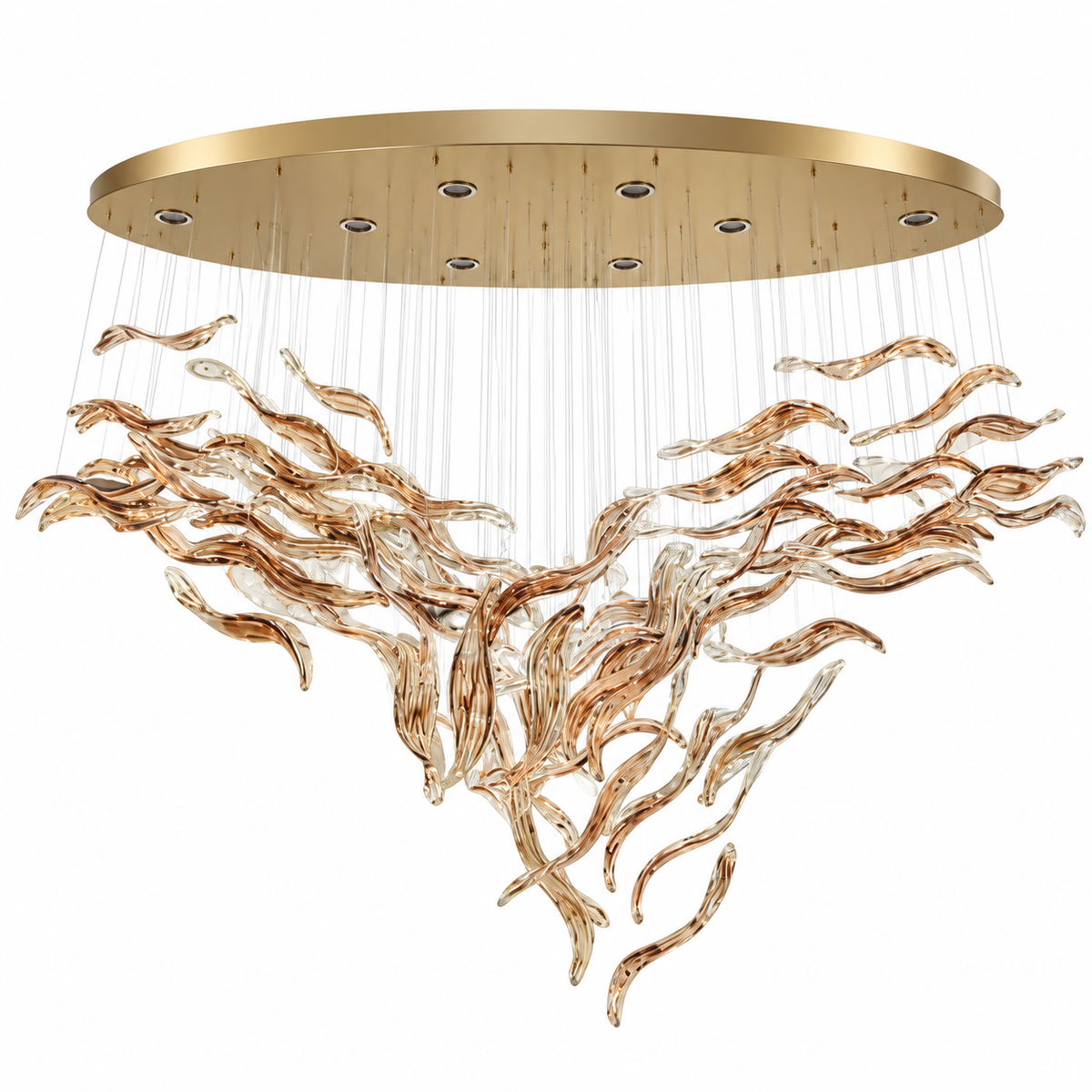 Studio view of GT8095--1500, tea-glass branch cascade chandelier.