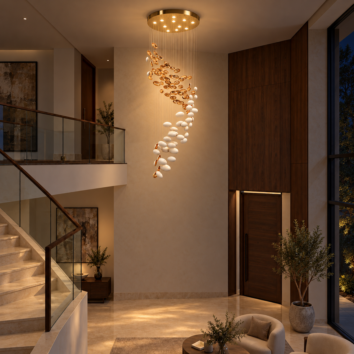 GT8101--D800XH2200 gold and white glass cascade chandelier illuminated in a night interior.