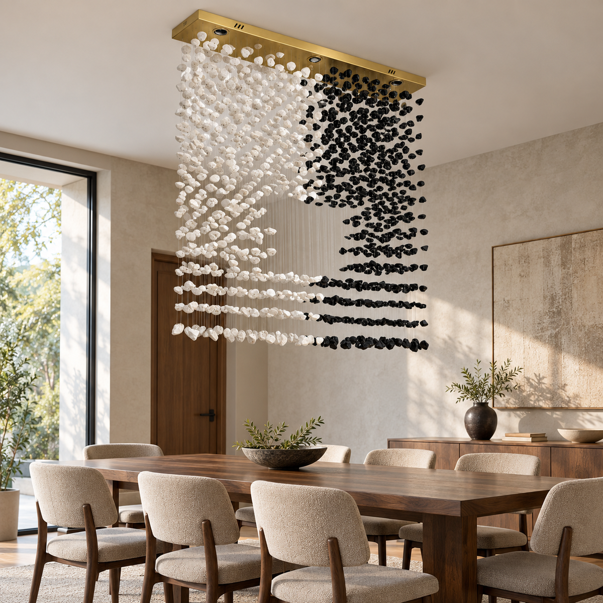 GT8110—L1200XW300 linear black and white stone chandelier in a daylight interior.