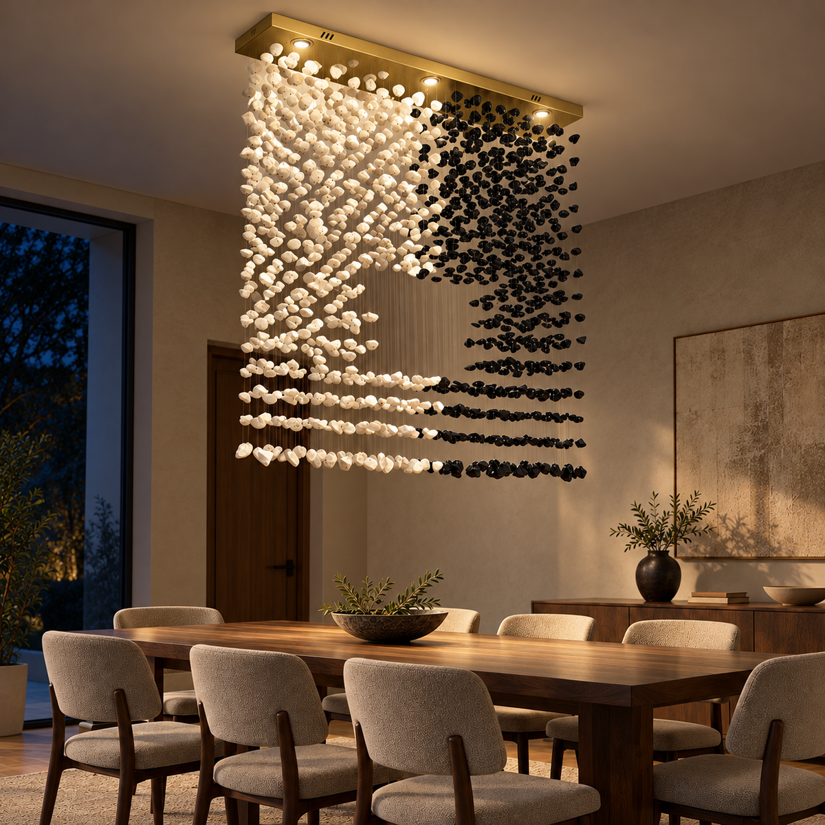 GT8110—L1200XW300 linear black and white stone chandelier illuminated in a night interior.