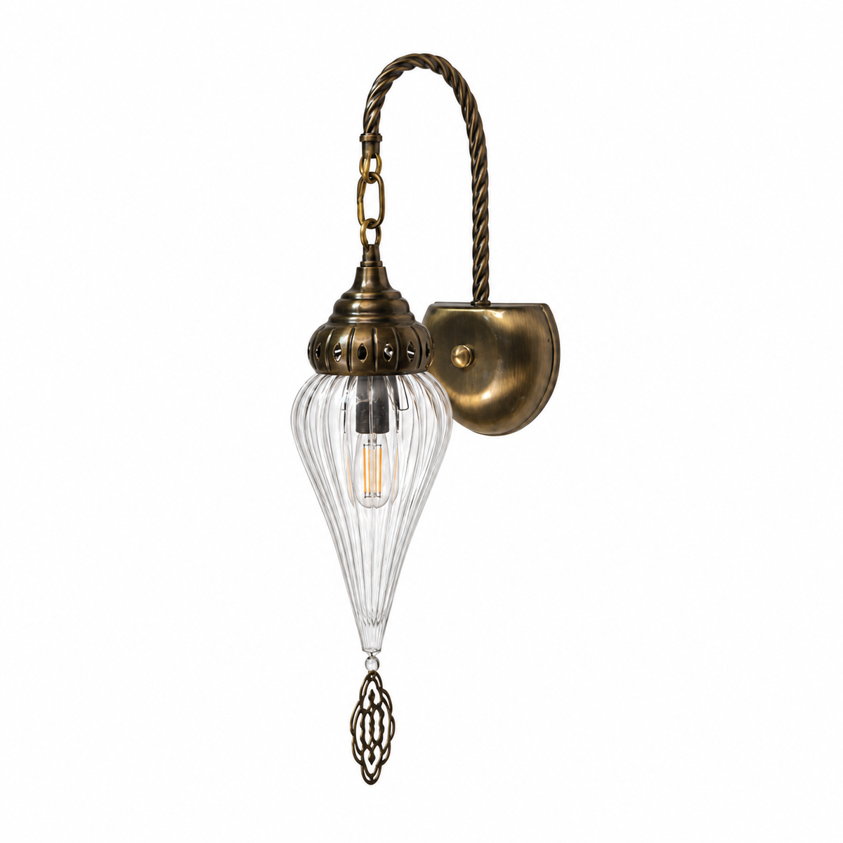 Clear Ribbed Teardrop Lantern Wall Light switched off in a studio view against a plain background.
