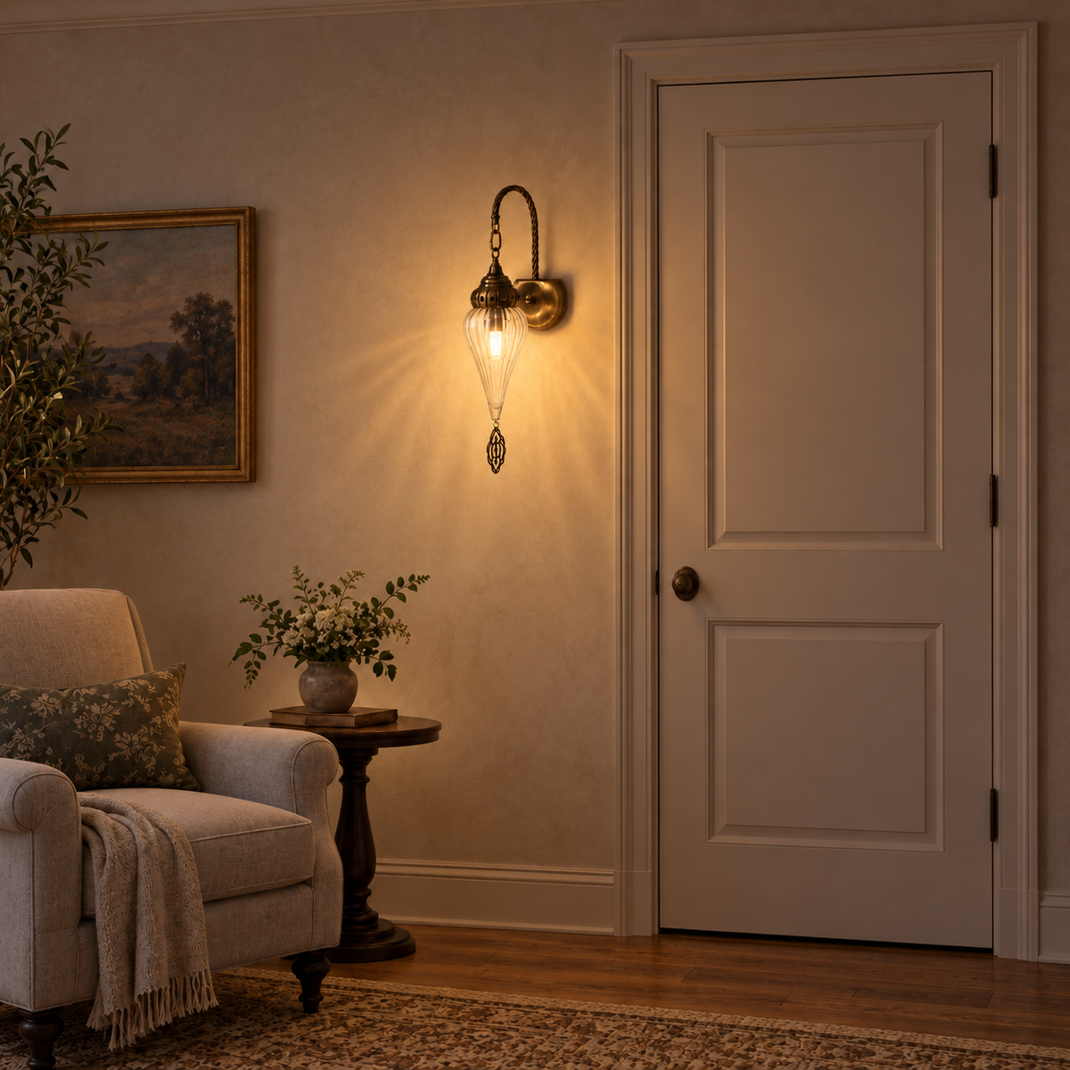 Clear Ribbed Teardrop Lantern Wall Light illuminated in a night-time interior setting.