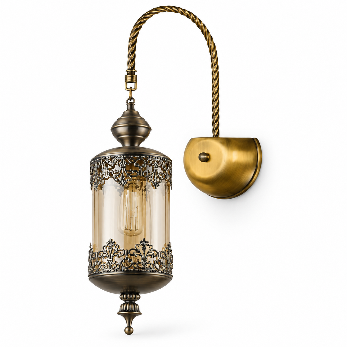 Ornate Amber Lantern and Twisted Arm Wall Light switched off in a studio view against a plain background.