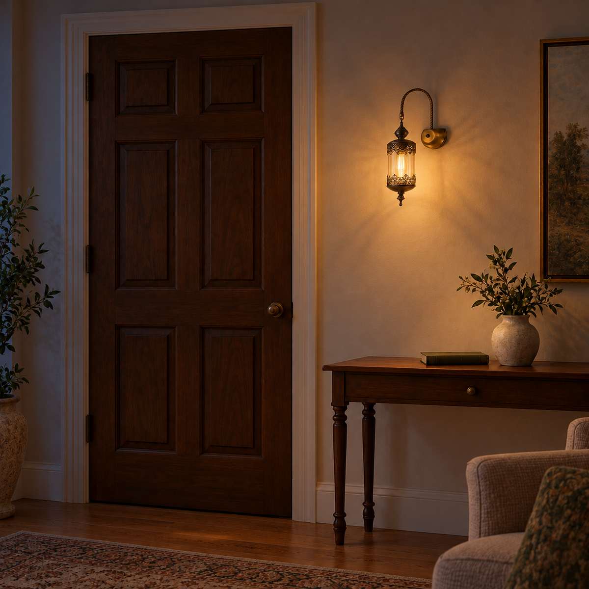 Ornate Amber Lantern and Twisted Arm Wall Light illuminated in a night-time interior setting.