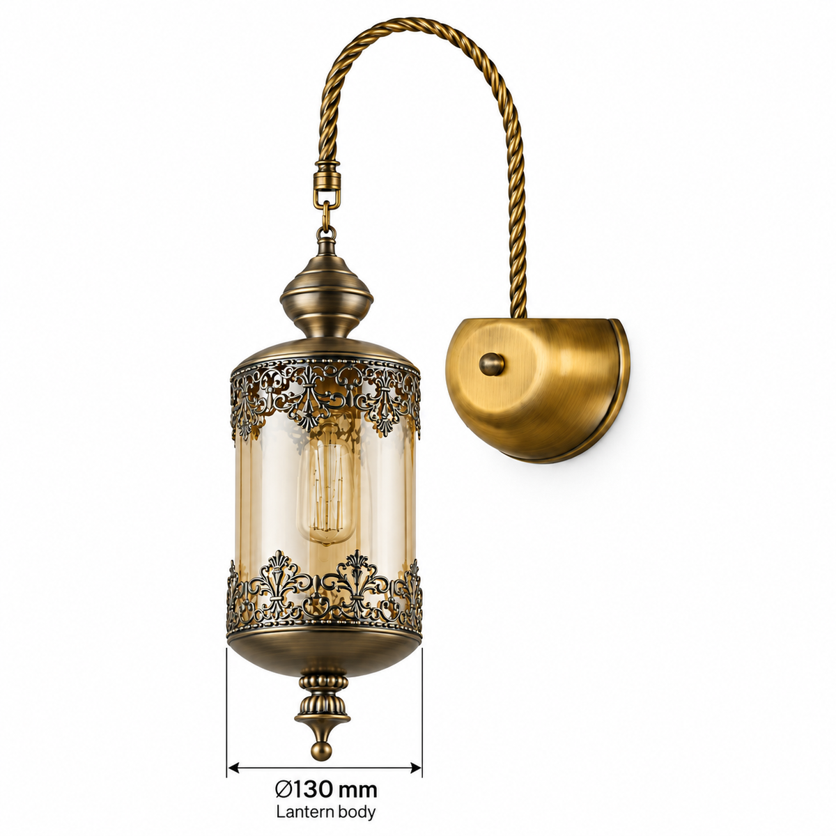 Ornate Amber Lantern and Twisted Arm Wall Light dimension diagram showing 130 mm lantern body diameter.