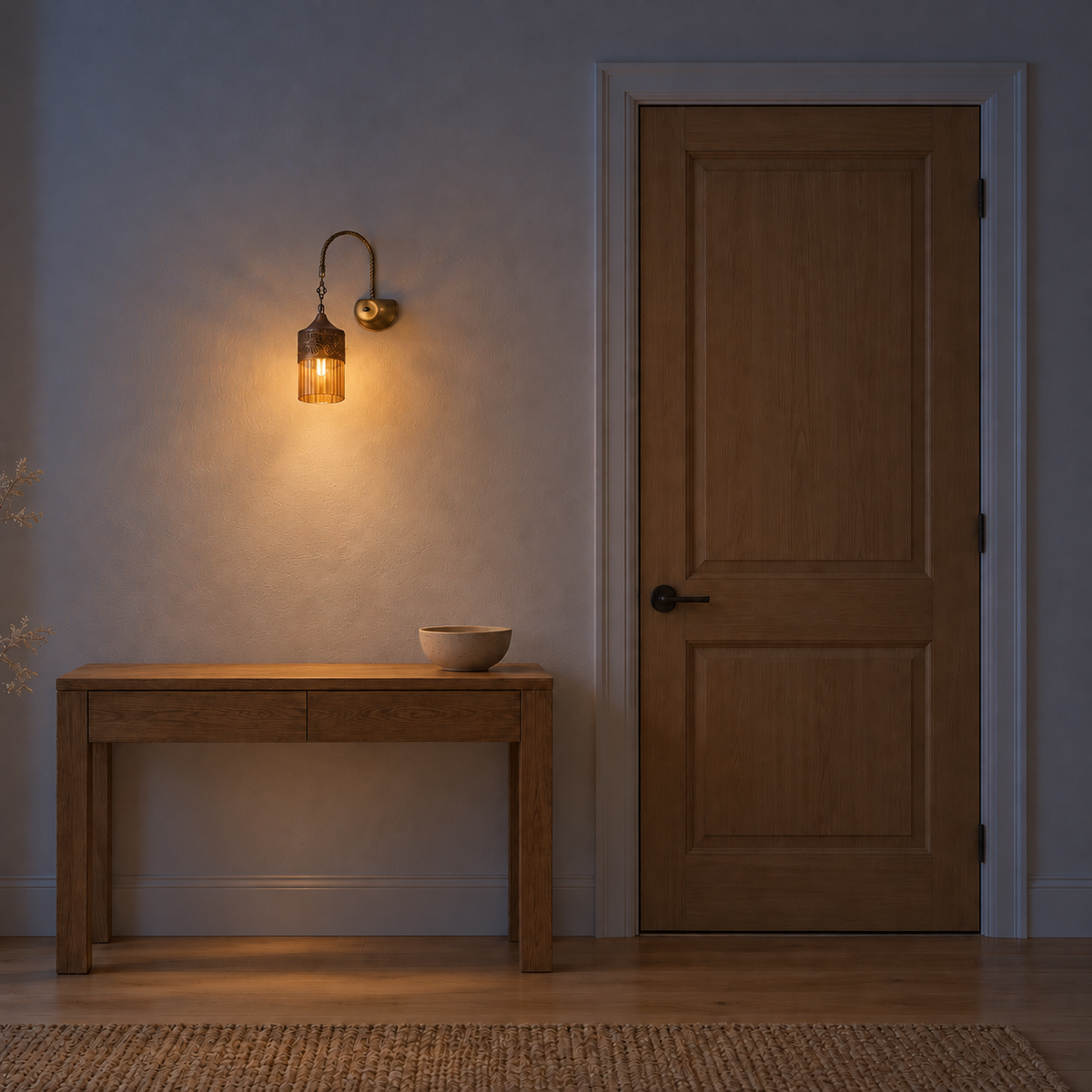 Pierced Dome Amber Lantern Wall Light illuminated in a night-time interior setting.
