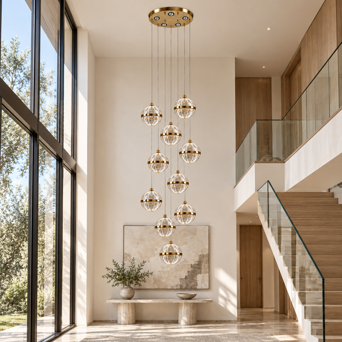 Golden Meridian Cascade Chandelier — daytime interior view