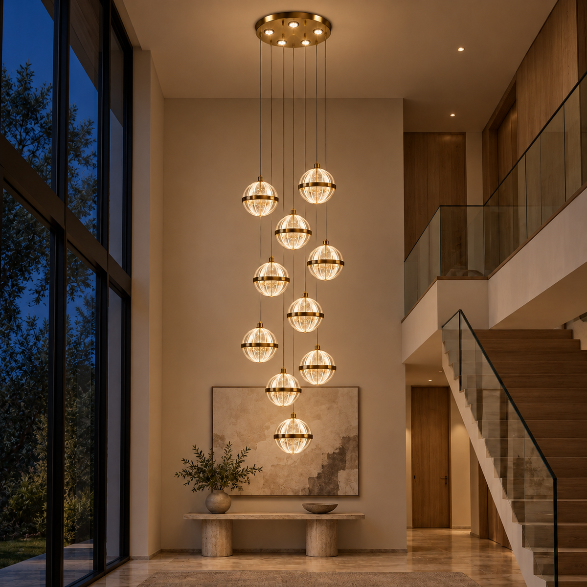 Golden Meridian Cascade Chandelier — illuminated evening view