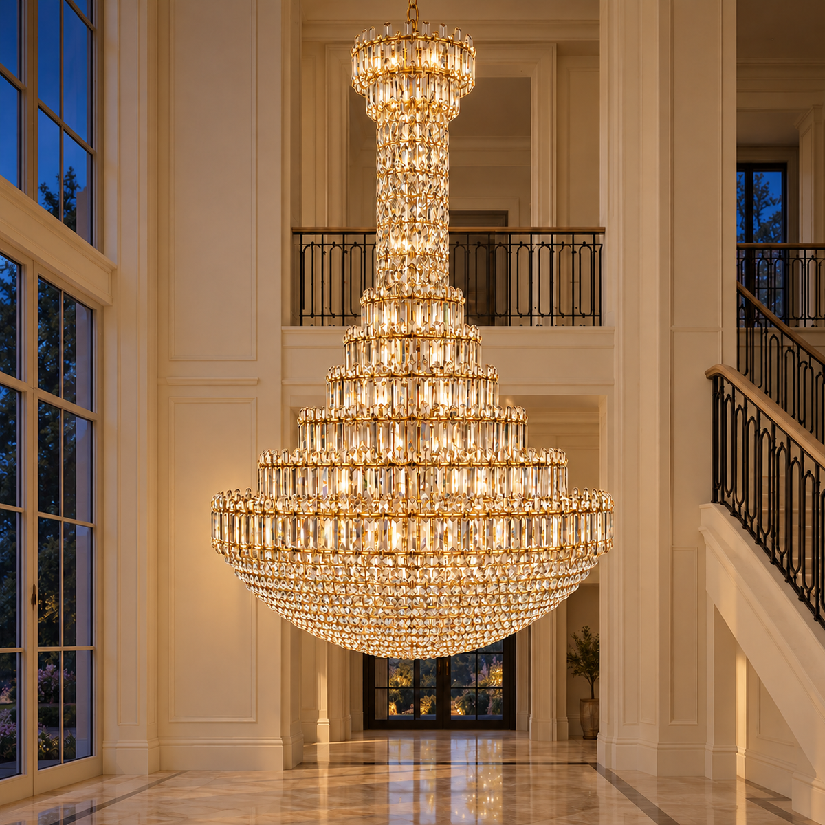 Golden Tier Palace Chandelier — illuminated evening view