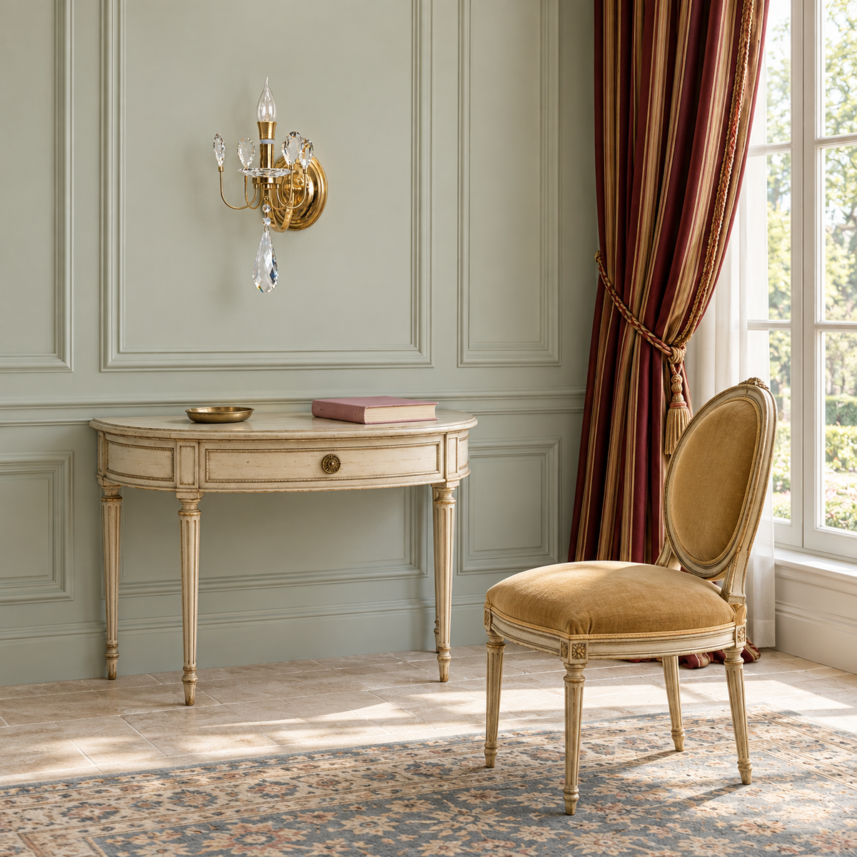 Crystal candle wall light above a console in a traditionally styled room in daylight, switched off