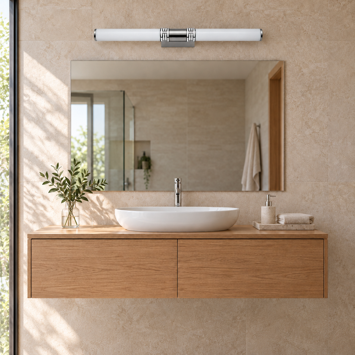 Chrome Twin-Tube Picture Light, 560 mm installed in a residential interior in daylight, light off