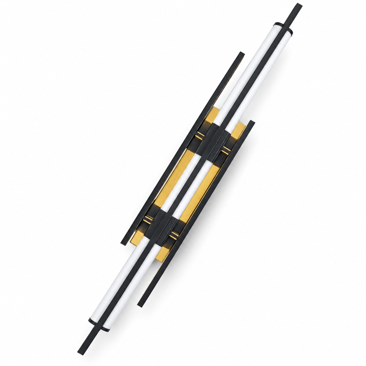 Twin luminous rod wall light with gold-toned and dark details at the centre, switched off against a white studio background.