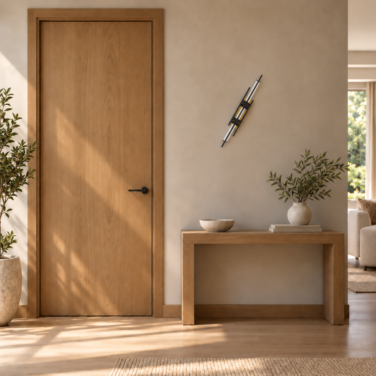 Twin luminous rod wall light with gold-toned and dark details at the centre, switched off in a daylight interior setting.