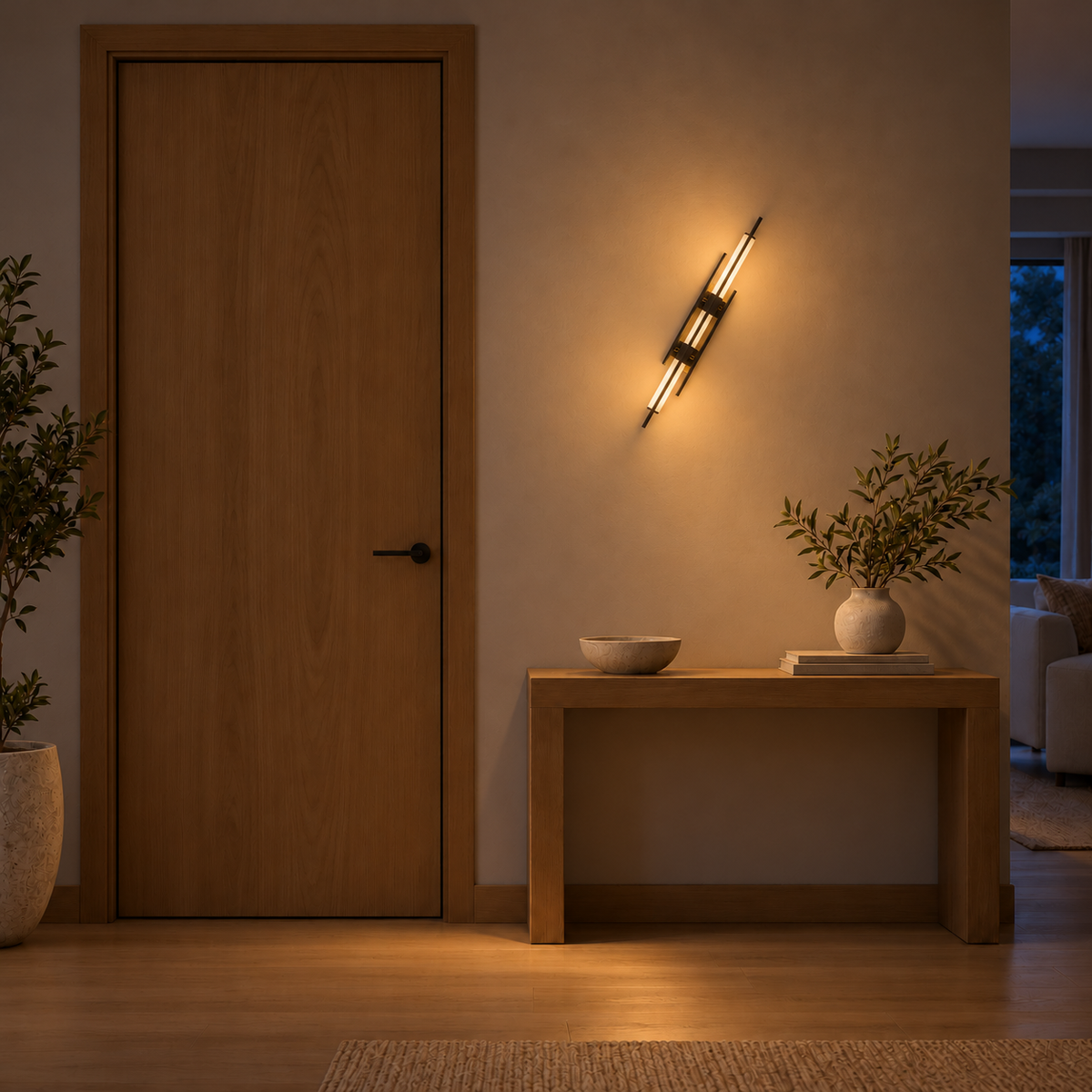 Twin luminous rod wall light with gold-toned and dark details at the centre, illuminated in an interior setting at night.