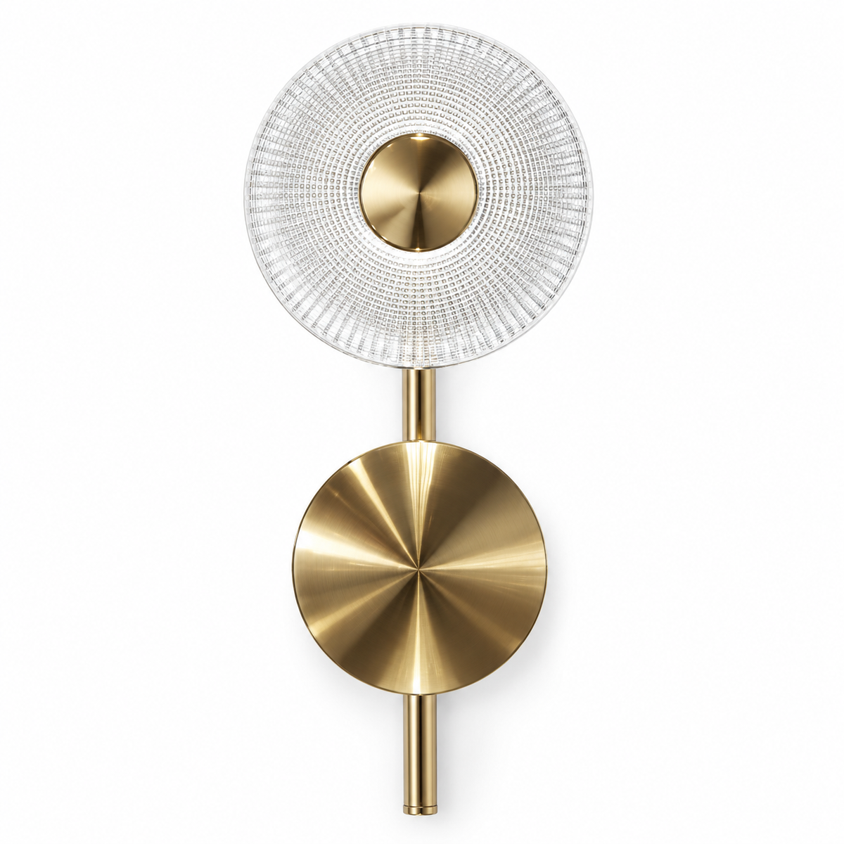 Textured clear glass disc wall light with a slim vertical stem and round lower backplate, switched off on a white background.