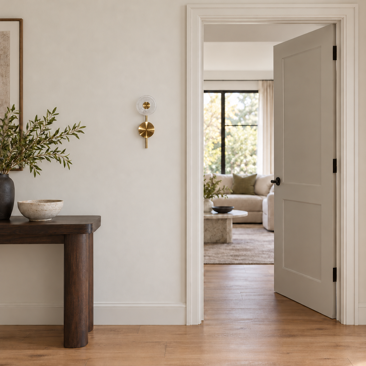 Textured clear glass disc wall light switched off beside an open doorway and wooden console in daylight.