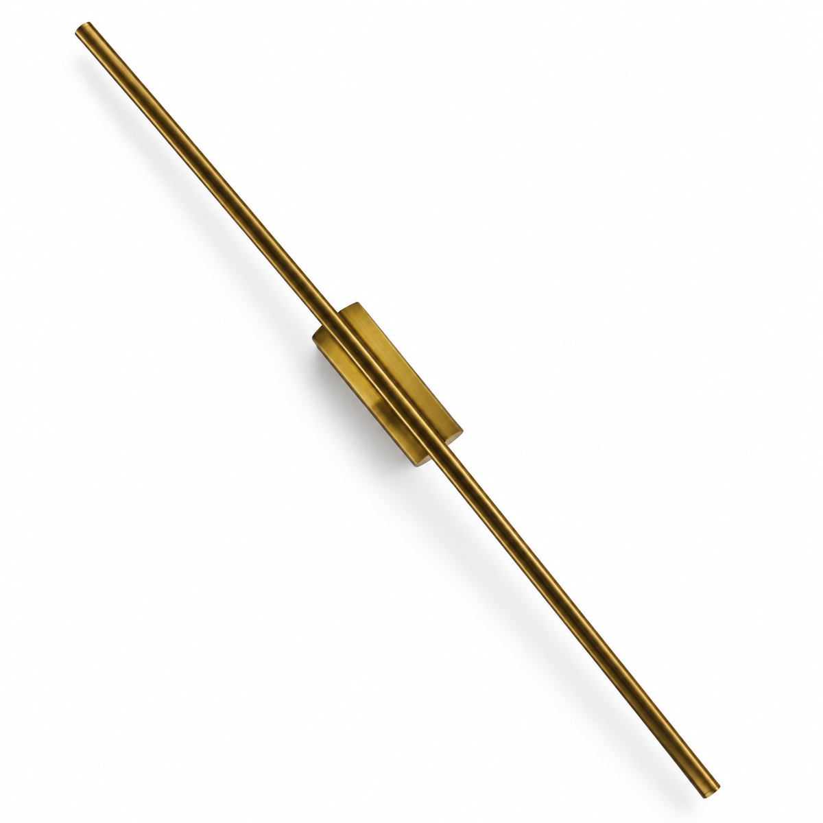 Extended gold-toned linear rod wall light with an elongated offset mounting body, switched off against a white studio background.