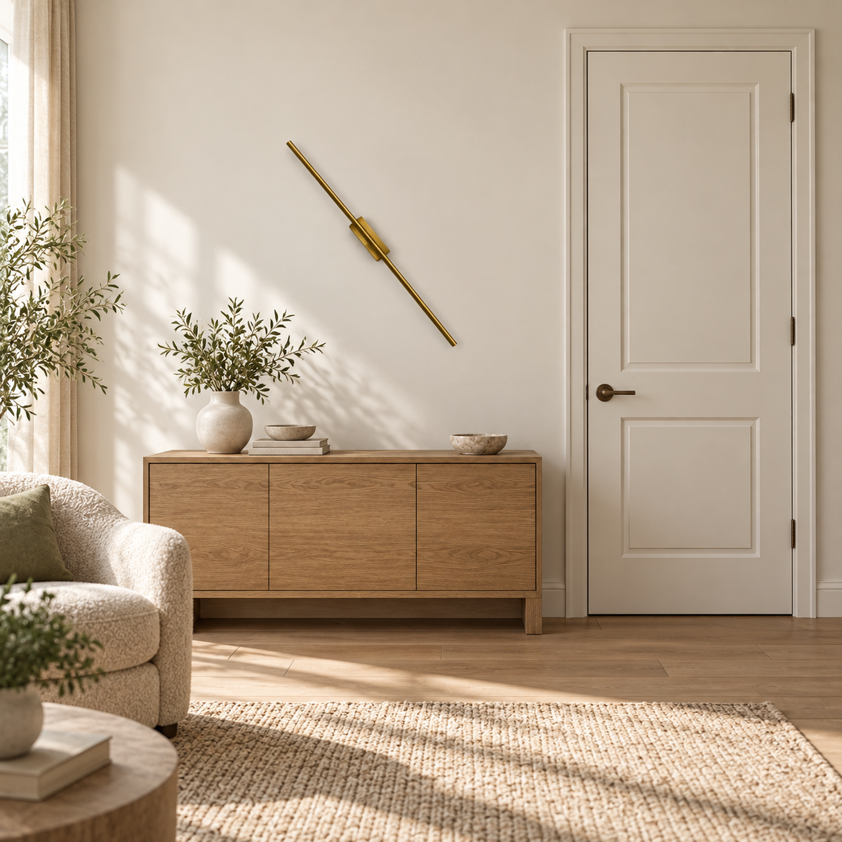 Extended gold-toned linear rod wall light with an elongated offset mounting body, switched off in a daylight interior setting.