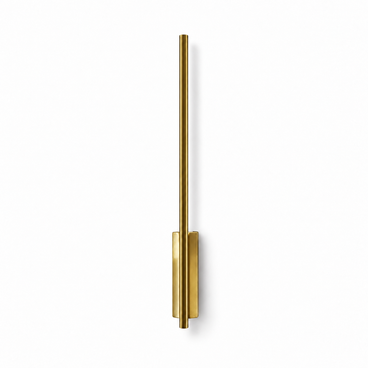 Gold-toned linear stem wall light with an elongated mounting body below the centre, switched off against a white studio background.