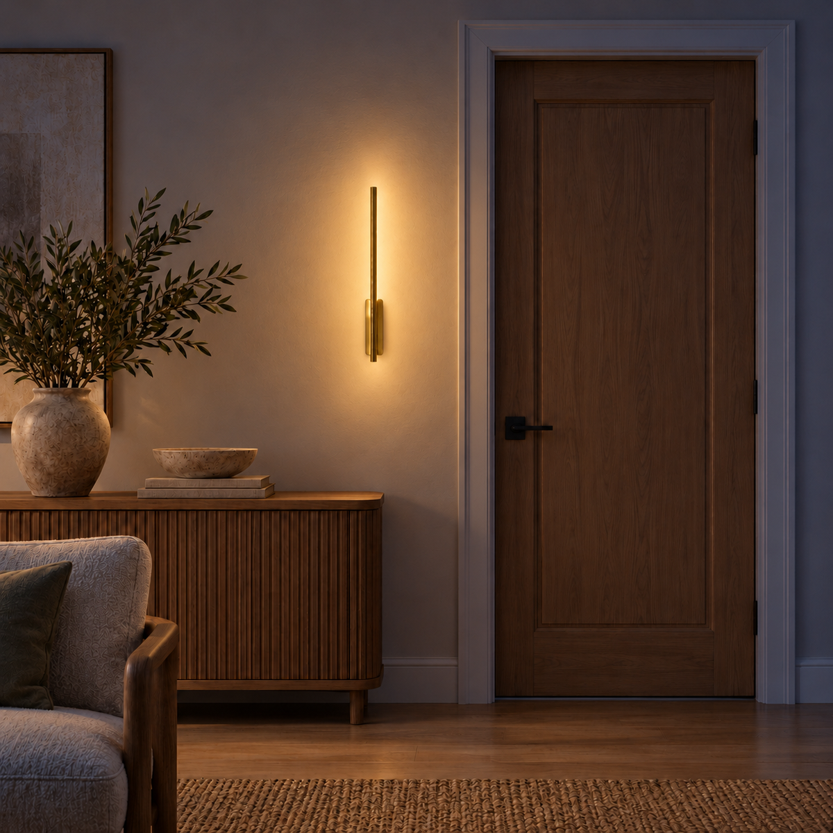 Gold-toned linear stem wall light with an elongated mounting body below the centre, illuminated in an interior setting at night.