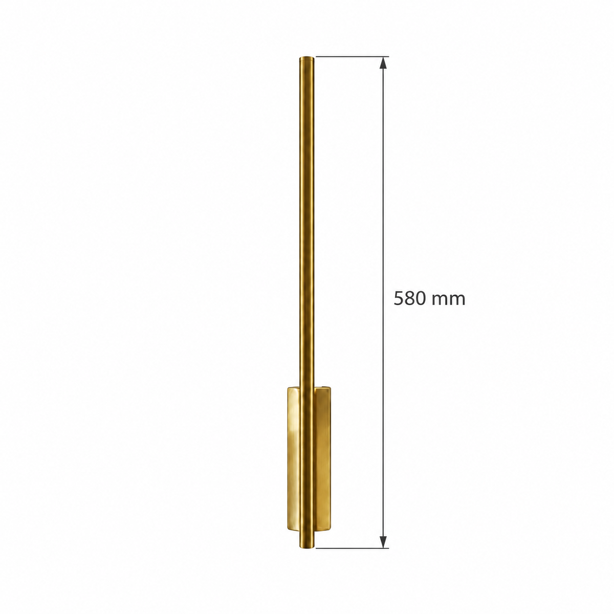 Gold-toned linear stem wall light with an elongated mounting body below the centre dimension diagram showing 580 mm fixture length.