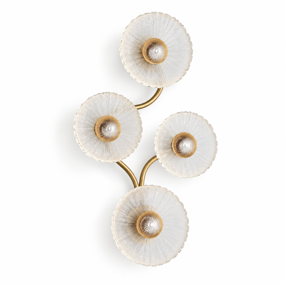 Four textured glass flower discs on curved warm-toned branches, arranged as a decorative wall light and switched off