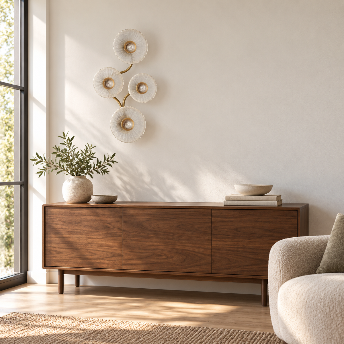 Four Flower Glass Branch Wall Light installed in a bright interior, switched off