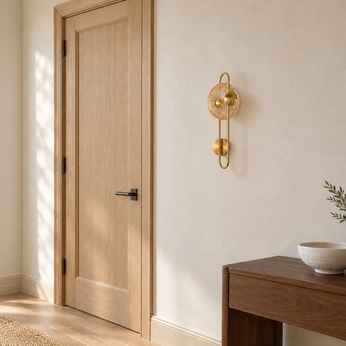 Amber sunburst capsule wall light, switched off in a daylight interior setting.