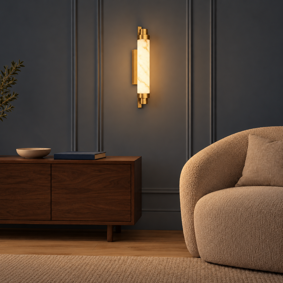 Marble Cylinder Wall Light illuminated in a night-time interior