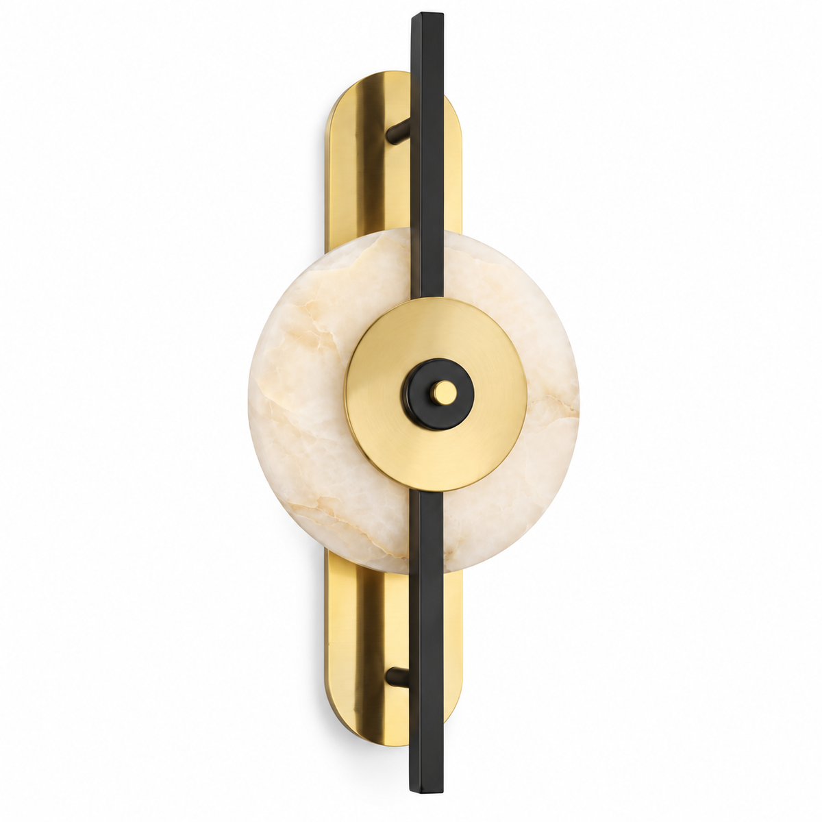 Marble Disc Bar Wall Light with a marble disc, dark vertical bar and layered gold-tone centre detail, shown switched off against a white background