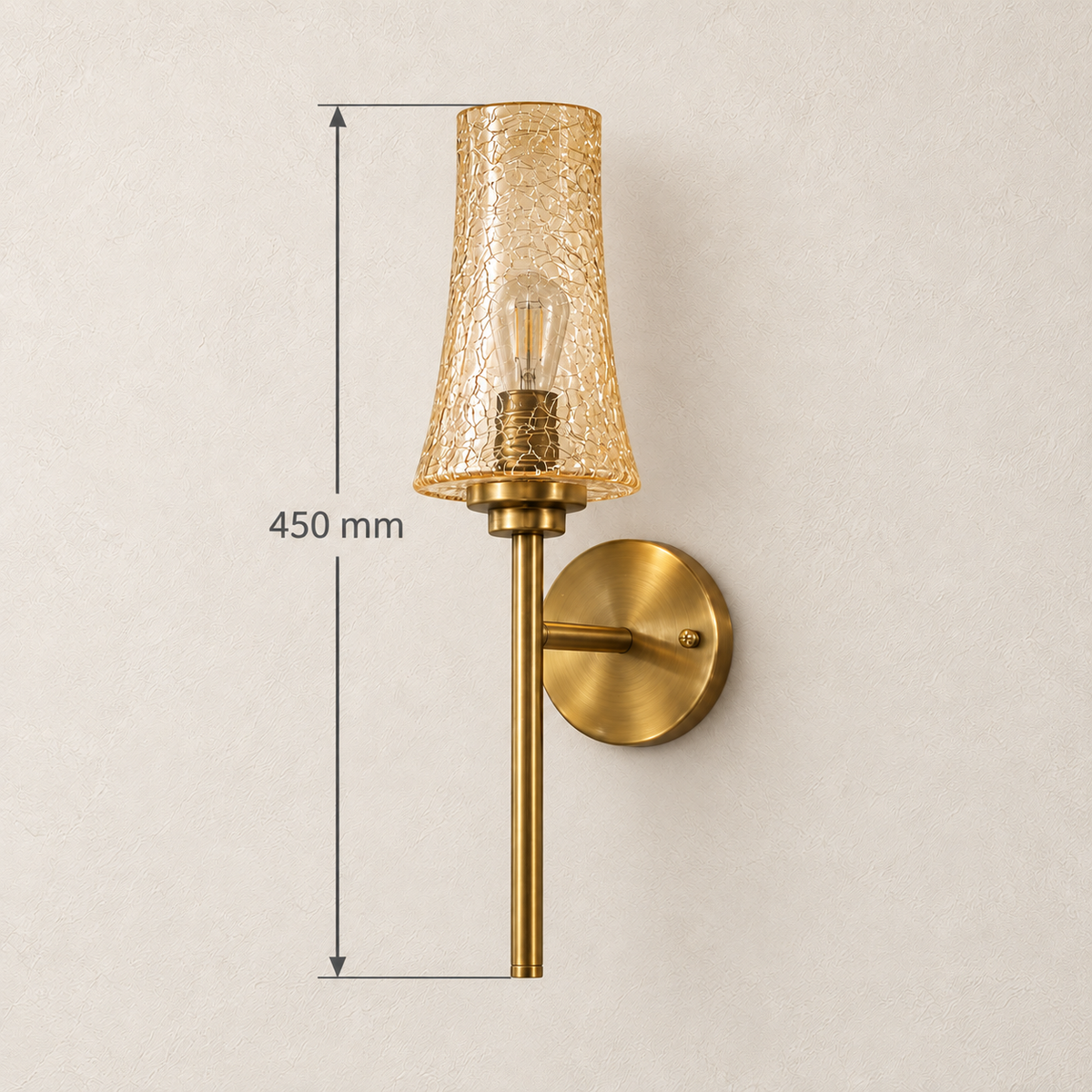 Crackle tea glass torch wall light showing 450 mm overall height