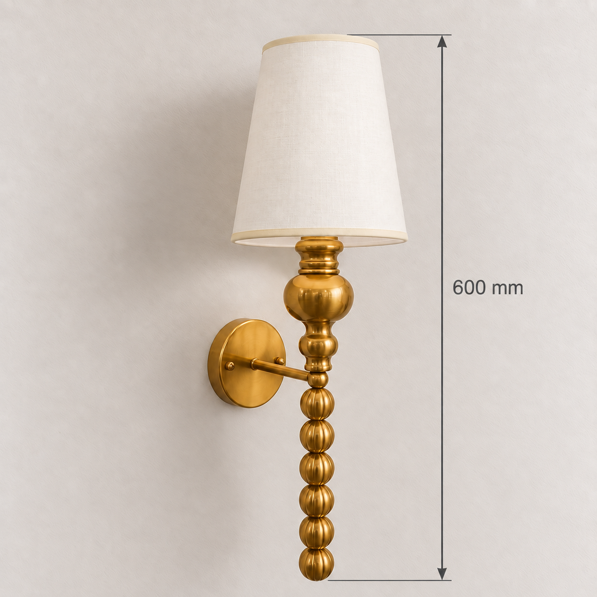 White tapered-shade wall light with beaded stem showing 600 mm overall height
