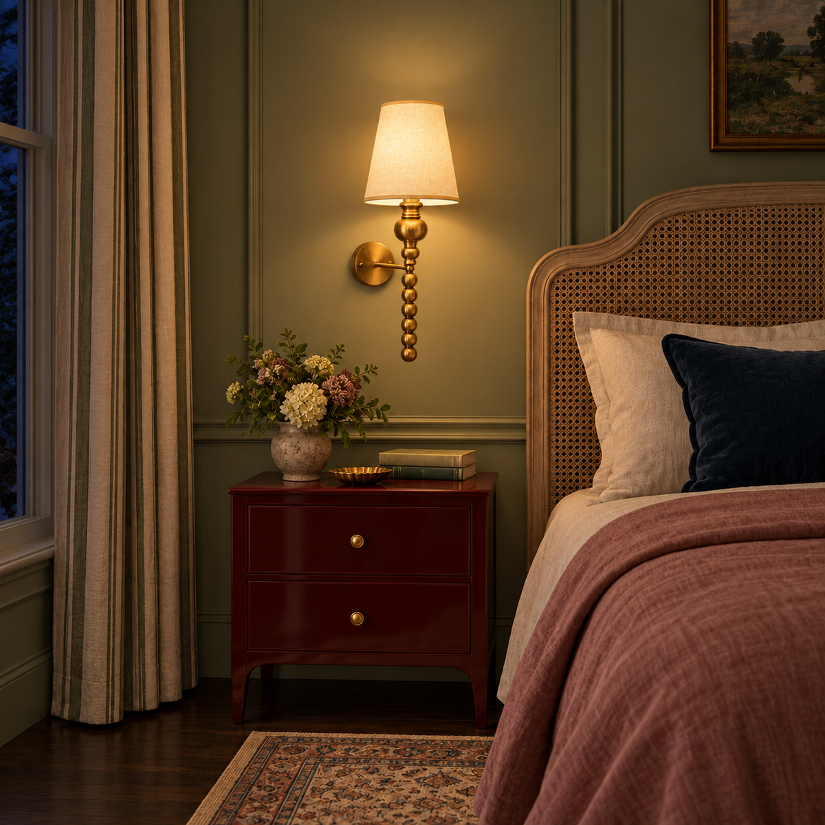 White tapered-shade wall light illuminated beside a cane headboard at night