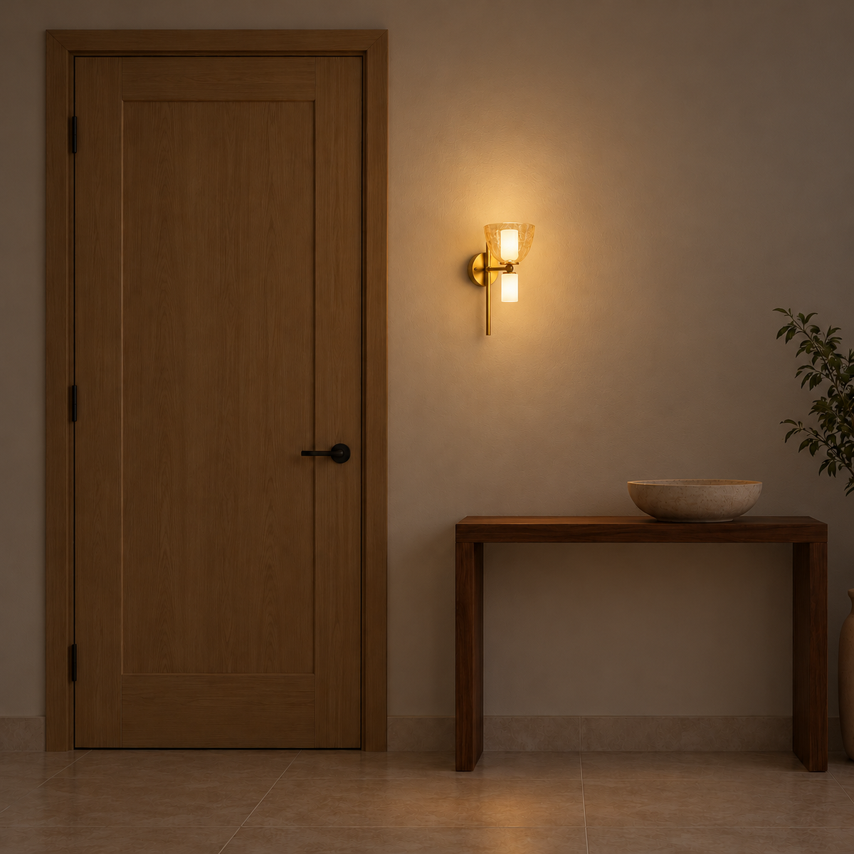 Tea crackle glass rod wall light illuminated beside a wooden door and above a narrow console at night.