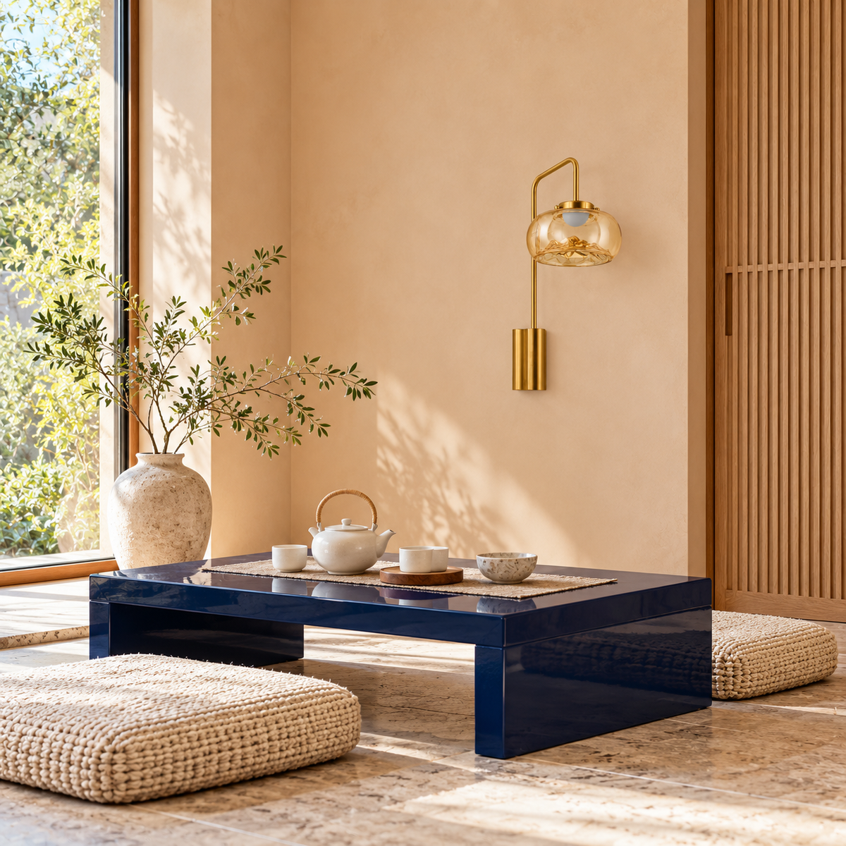 Amber glass bowl wall light above a low table and floor cushions in daylight, switched off