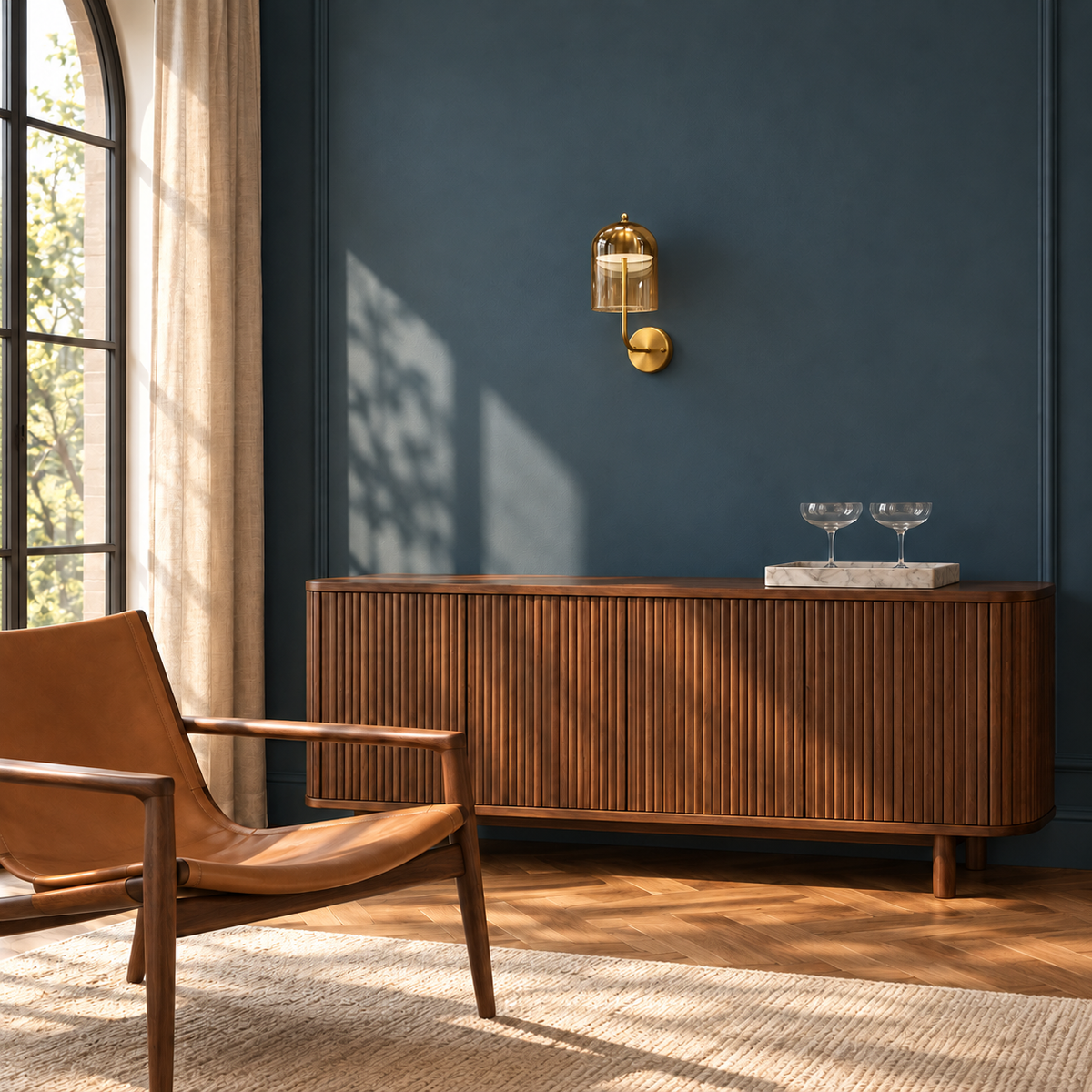 Amber Glass Bell-Shade Wall Light above a wooden sideboard in daylight, switched off