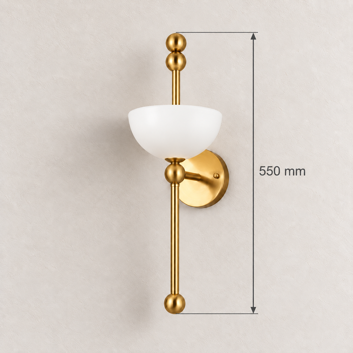 White glass bowl wall light showing 550 mm overall height
